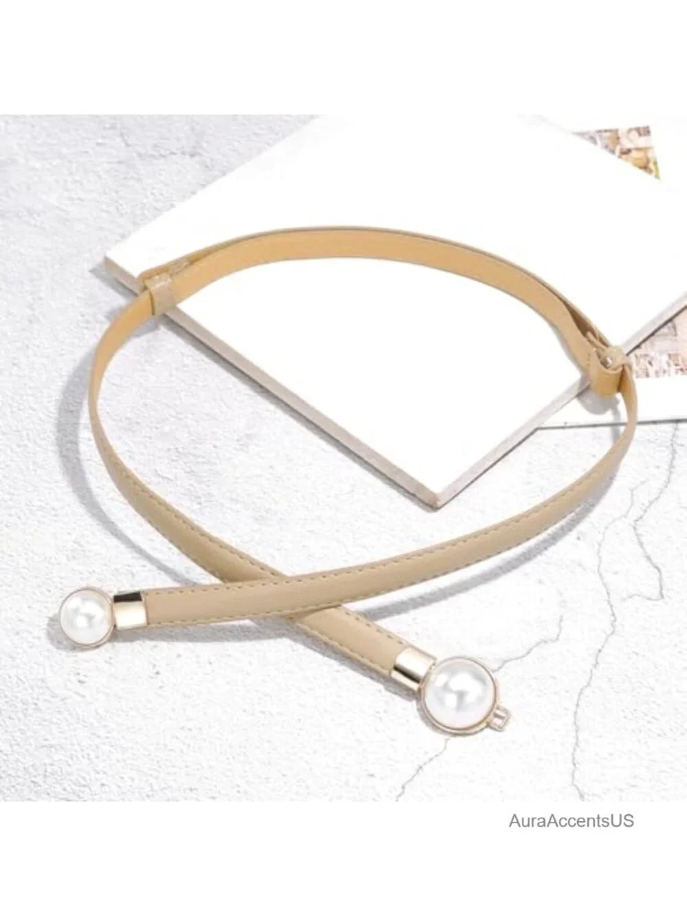 Thin PU Leather Skinny Belt with Pearl Buckle for Dresses